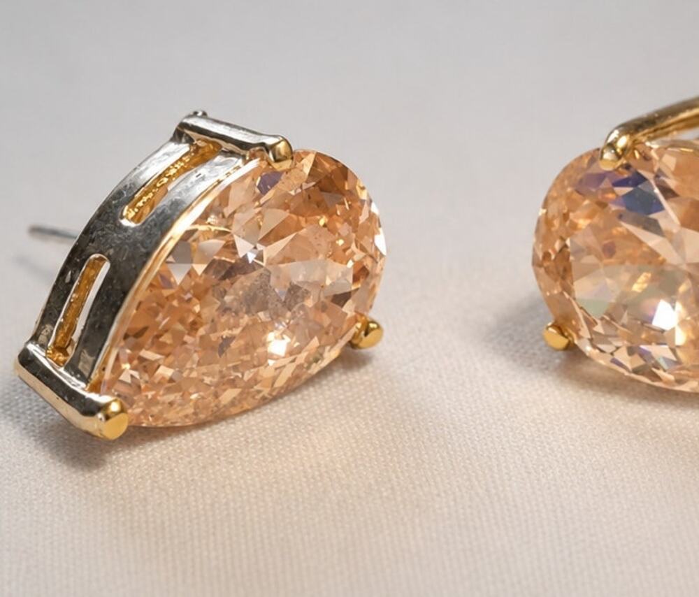 Brilliant Faux Morganite Pierced Earrings‎ 7/8" Peach Glass Teardrop Posts RP_